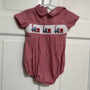 9 Month “Will” Monogram Smocked Valentines Boys Bubble Outfit Train Hearts